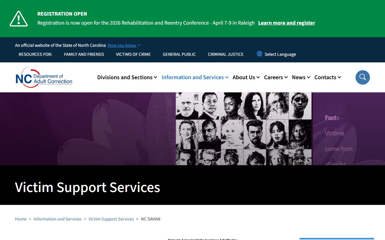 NC SAVAN jail roster notification system website