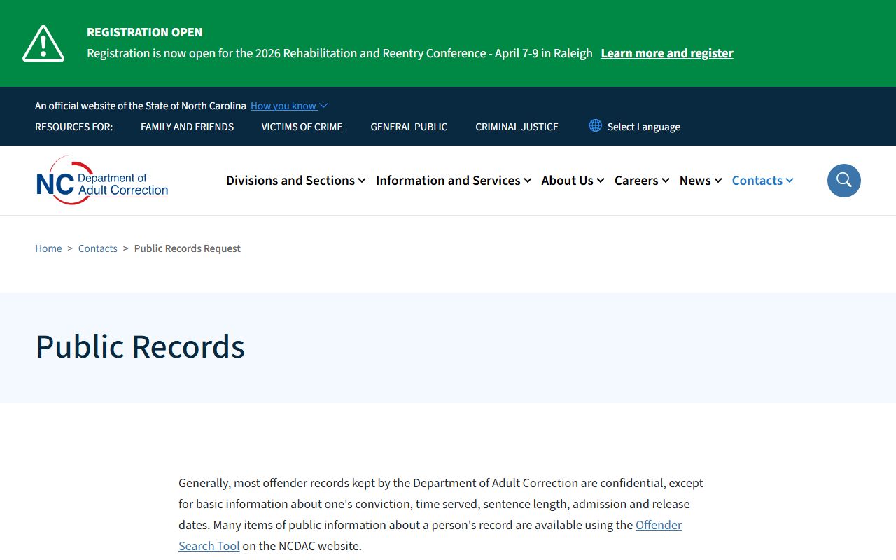 North Carolina DAC public records page for statewide jail roster searches
